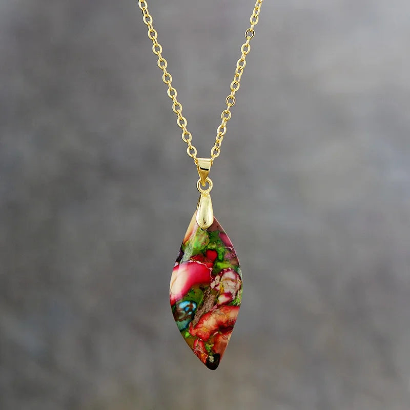 Brass Agate Gold Plated Vintage Link Chain Colorful Leaf Pendant Friendship Anxiety Necklaces Energy Balance Chakra Wholesale