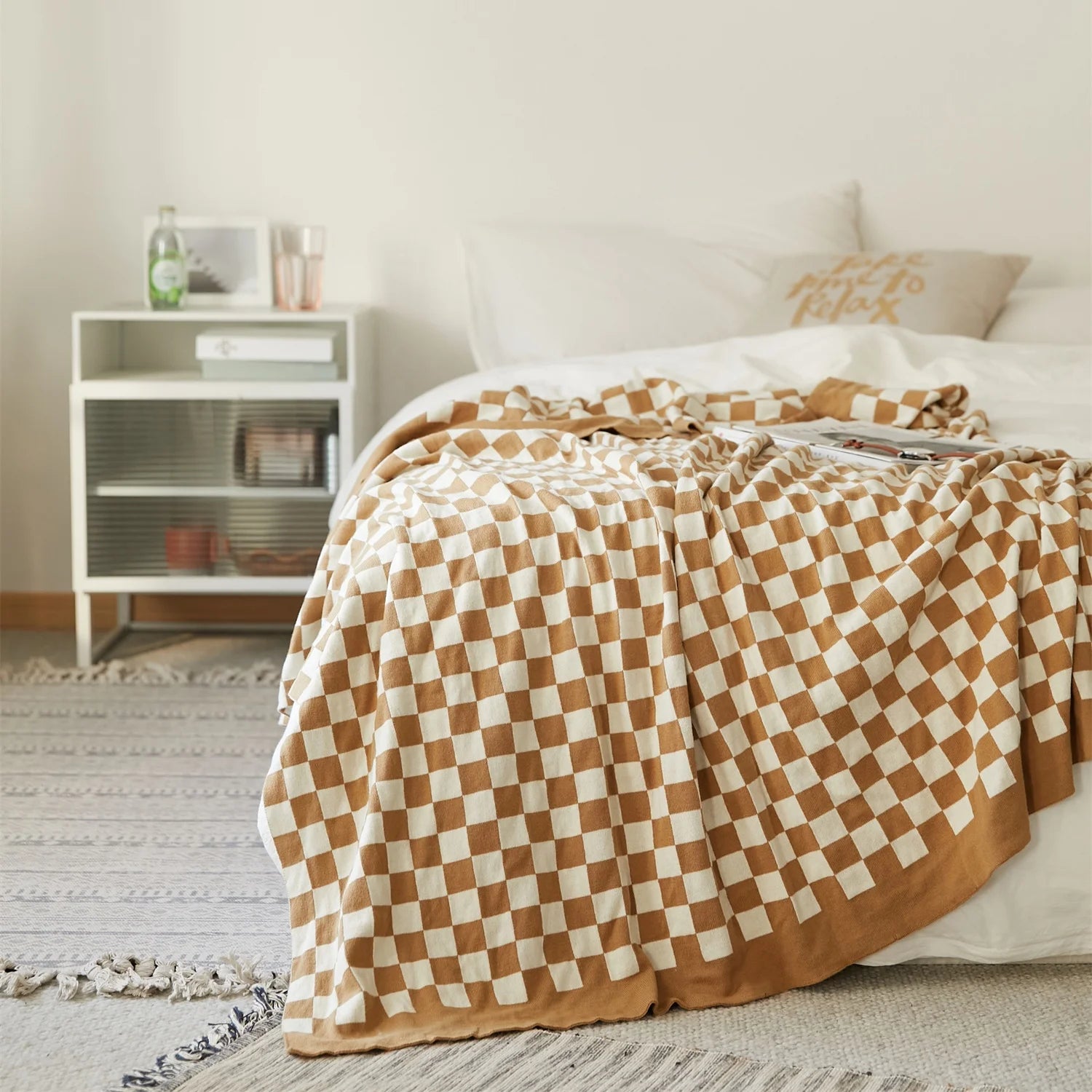 YIRUIO Most Popular Pattern Adult Checkerboard Jacquard 100% Cotton Throw Knitted Blanket Soft Hot Sale MLG