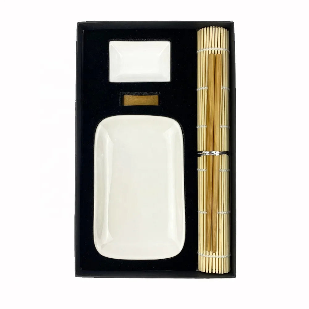 Wholesale Stocked Classic Sushi Dinnerware Sets Porcelain White Sauce Dish Plate Bamboo Chopstick Sushi Placemat Eco-friendly