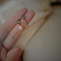 Vintage Elegant 14K Gold Plated Pure 925 Sterling Silver Asymmetrical Green Zircon Pearl Stud Earrings for Women Girls