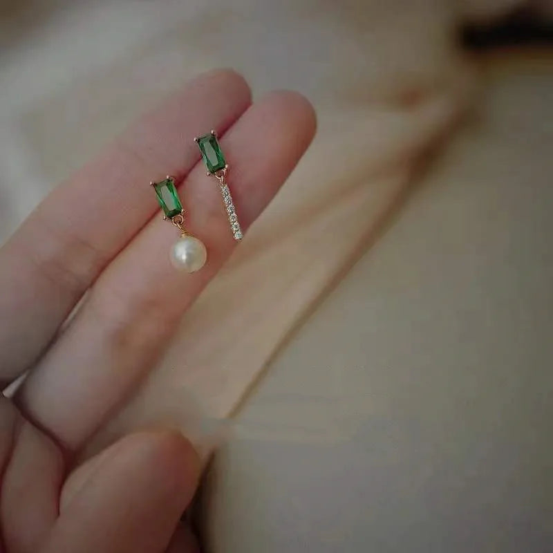 Vintage Elegant 14K Gold Plated Pure 925 Sterling Silver Asymmetrical Green Zircon Pearl Stud Earrings for Women Girls