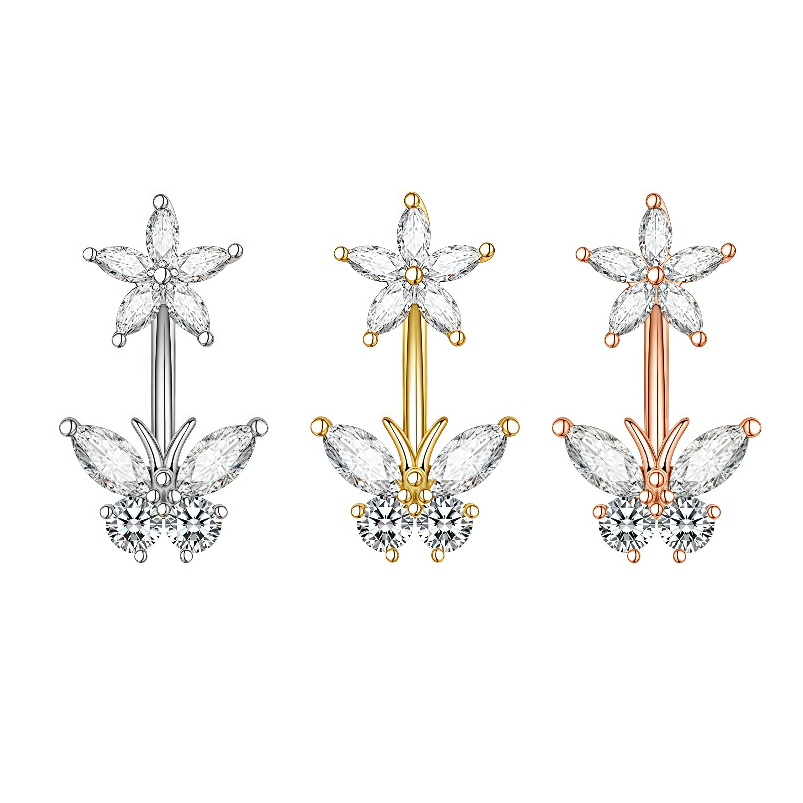 Belly Ring Transparent Zircon Flower butterfly Navel Nail Hot Selling Stainless Steel Piercing Jewelry Manufacturer Wholesale