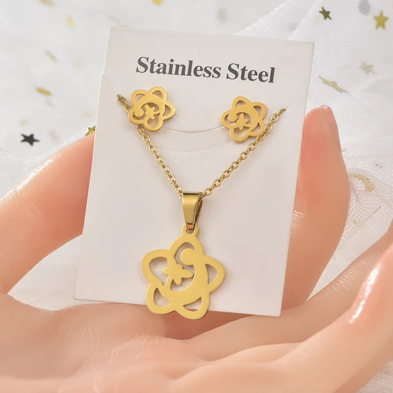 9 Style Titanium Steel Irregular  Pendant Necklace Earring Set Snowflake Puzzle Three-piece Flower Jewelry Accessories for Women