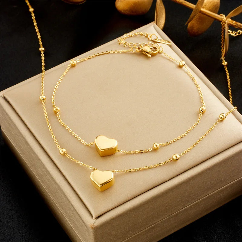 Minimalist Jewelry Set for Women Tiny Heart Stainless Steel Necklace Bracelet Dainty Heart Ball Bead Chain Wedding Collar Charm
