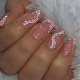 Wholesale 24pcs Silver Lines Pink Custom Private Label Vendors Press on Nails Artificial Fingernails for Women