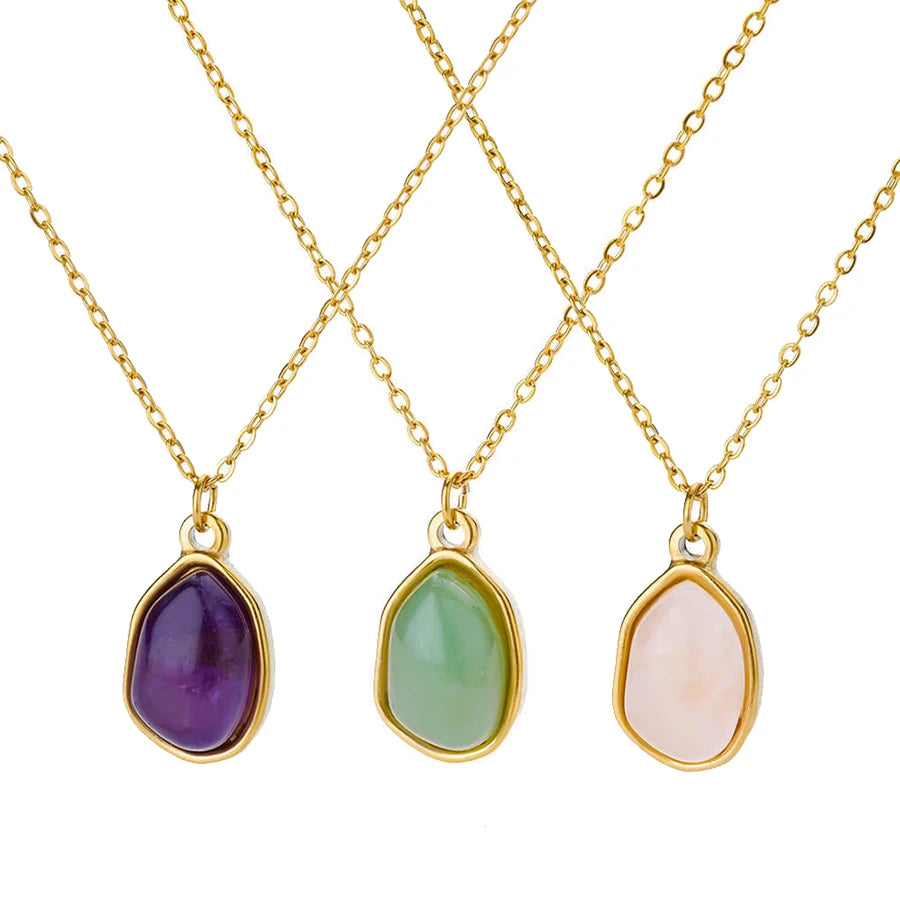 Titanium Stainless Steel 18K Gold Crystal Stone Jade Pendant Necklace Rose Quartz Green Aventurine Natural Stone Necklace