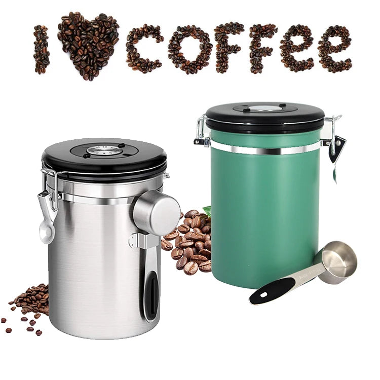Stainless Steel Coffee Grounds and Beans Container Tea Sugar Coffee Canister with Date-Tracker CO2-Release Valve and Spoon