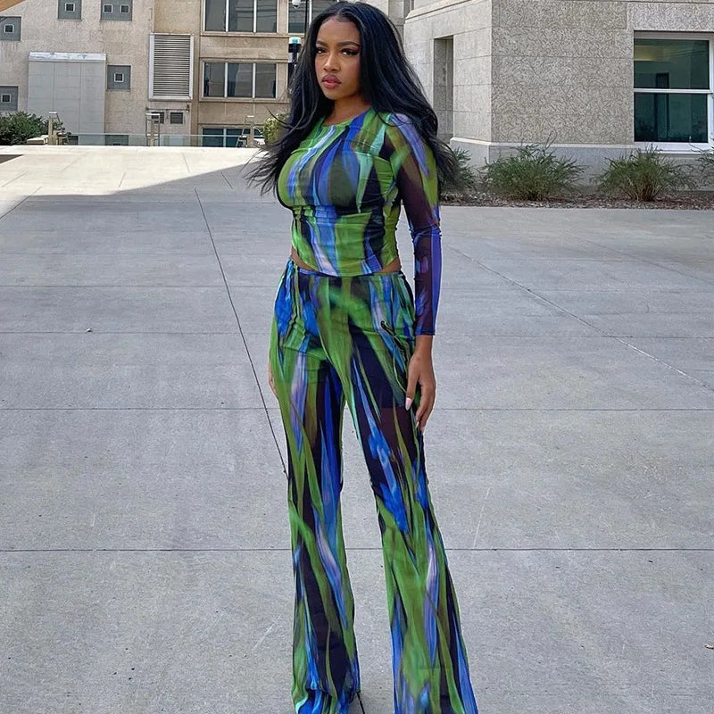 Streetwear Spring Printed Bodycon Long Sleeve Loungewear Outfits Top and Pants Set for Women