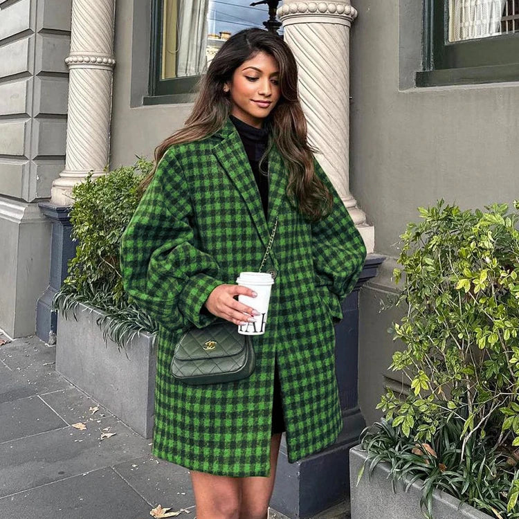 Wholesale Green Notched Collar Single Buttoned Woolen Plaid Women's Clothing Fashion Korean Fall Long Jackets Coats for Women