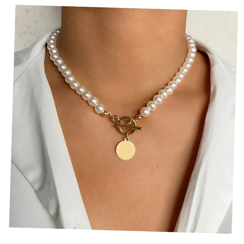 Wholesale Fashion Pearl Necklace for Women Girls Gold Plated Metal Coins Locket Pearl Necklace