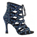 Black Satin Rhinestone Latin Salsa Ballroom Dance Shoes for Women with 9cm Heel Height Jazz Dance Zapatos De Baile