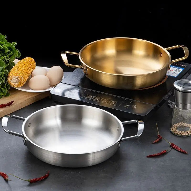 Korean Style Hot Pot Double Handle Stainless Steel Metal Frying Pan Nordic High-end Restaurant Spanish Seafood Meat Rice Pot