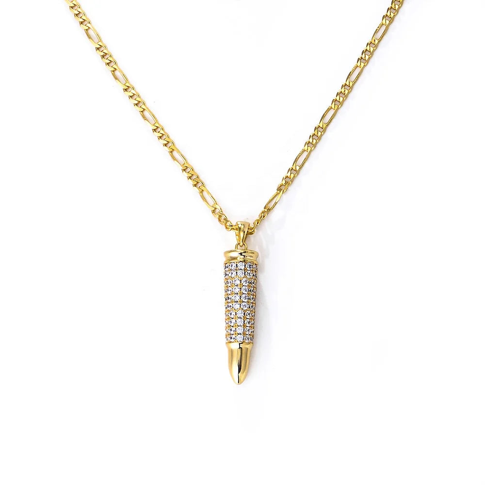 2024 Hot Selling Fashion Style Brass Gold Plated Full Zircon High Quality Bullet Pendant  Necklace Men Women