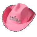 Crown Pink Cowgirl Hat Blinking Cow Girl Hats with Tiara and Neck Draw String Felt Cowboy Costume Accessories for Party