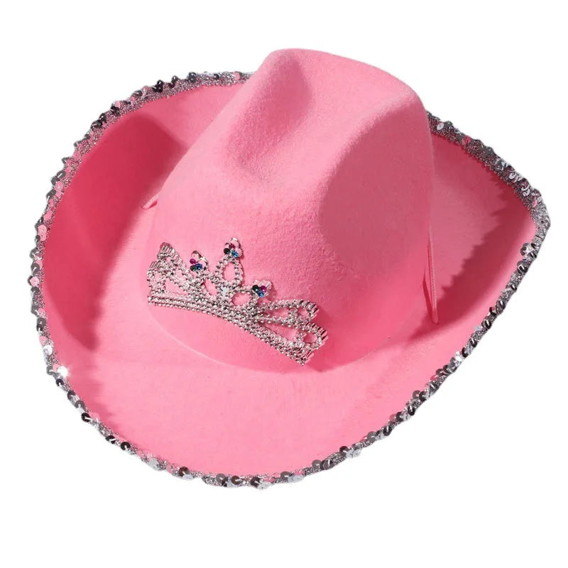 Crown Pink Cowgirl Hat Blinking Cow Girl Hats with Tiara and Neck Draw String Felt Cowboy Costume Accessories for Party