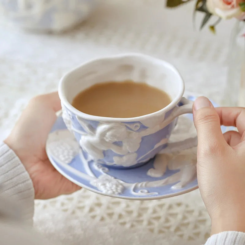 British Style Embossed Retro Palace Style Creative Ceramic Teacup With Saucer