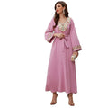 Big Three-dimensional Embroidery in Front pink Color Soft Material V Neck Floor Length Abaya Women Muslim Dress