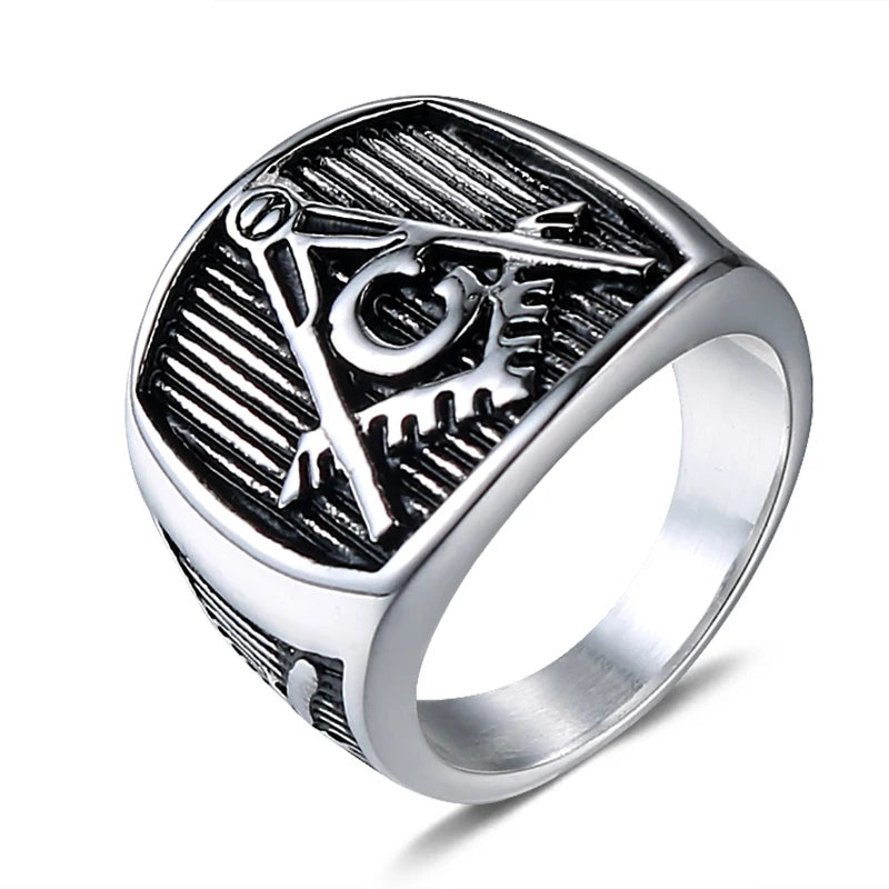 Custom Logo Vintage Fashion Silver Finger Black Platinum Man Turkish Men's Punk Stainless Steel Freemasonry Ring Boys Jewelry