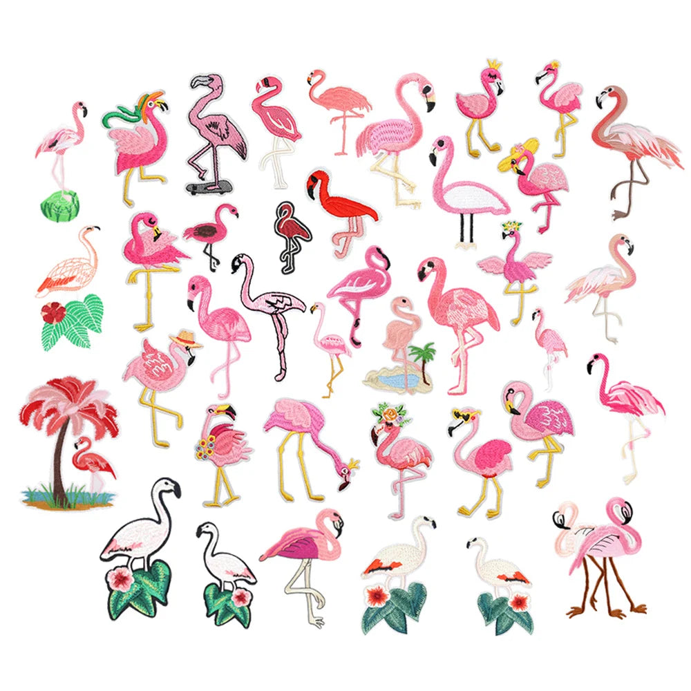 Hot Sale Cute Lovely Animal Theme Iron on Embroidered Rose pink Flamingo Patches for Kids Clothes