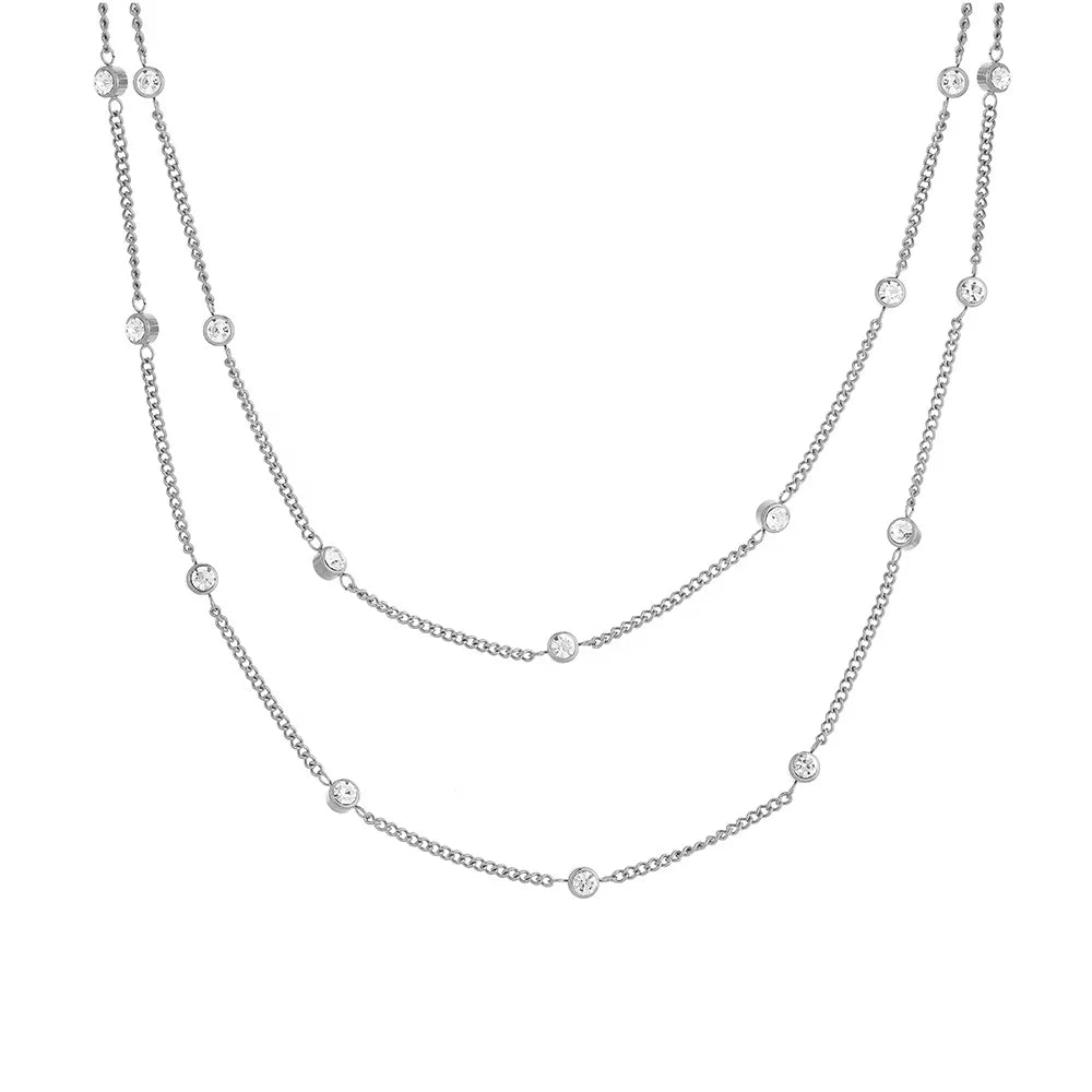 Double Layer Stainless Steel Link Chain Necklace with round Crystal Pendant Star Design Fashionable Beach Style for Ladies