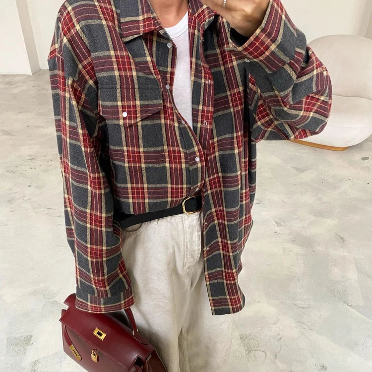 Chest Pocket Button Down Quality Casual Retro Shirts Tops Polyester Cotton Long Sleeve Women's Plaid Check Shirt