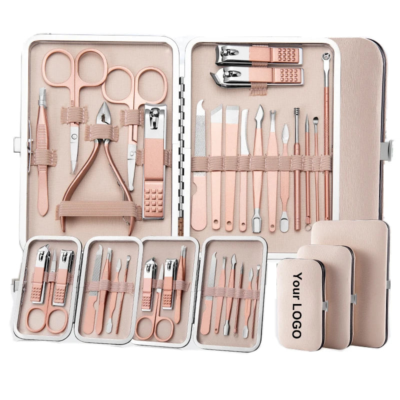 Custom Logo Manicure Pedicure Set 7/10/12/16/18Pcs Stainless Steel Nail Clippers Nail Cutter Set Nail Tool with Leather Case