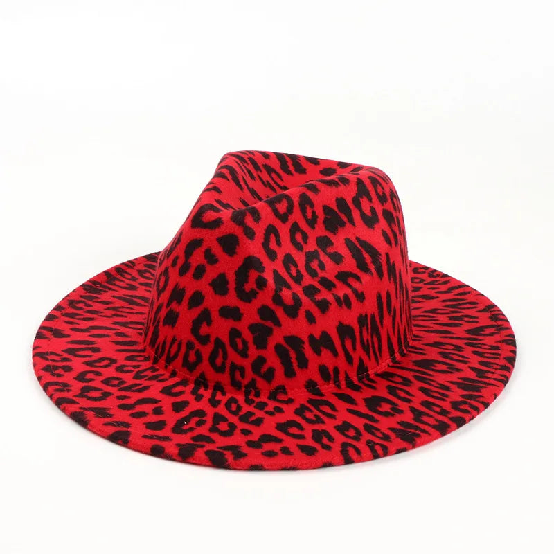 New Fashion Leopard Cheetah Pattern Felt Trilby Red Fedora Hats Women Wide Brim Felt Panama Travel Hats