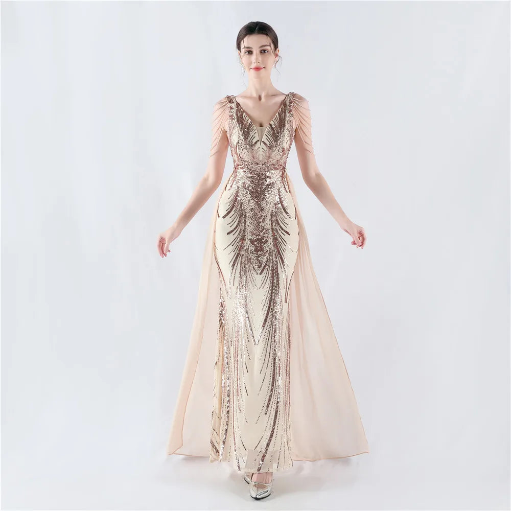 S-2XL Pearl Sequin Evening Dress Wholesale Mesh Skirt Long Dress Custom logo High End Evening Dress Factory Directly