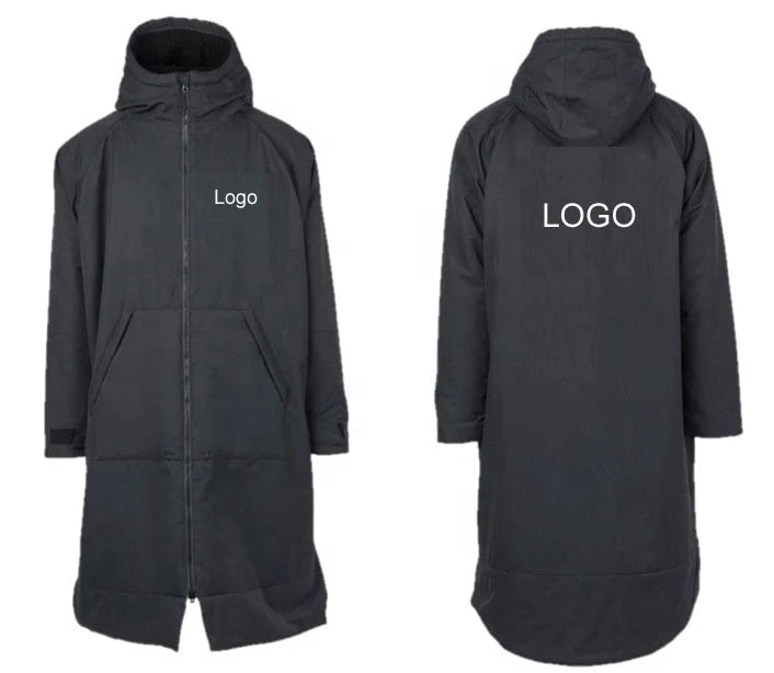 Waterproof Man Black Jacket Surf Poncho Change Dry Surf Robe With Sherpa Fleece Lining Adult  Child Swim Robe