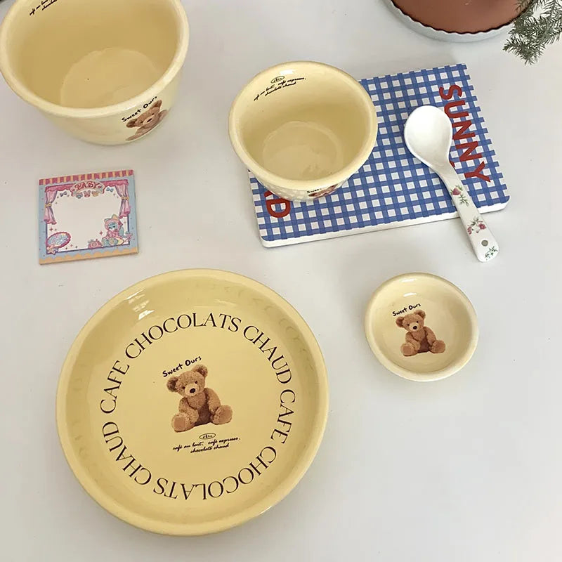 Korea Ins Cute Bear Cream Ceramic Tableware Set Creative Dessert Cake Plate