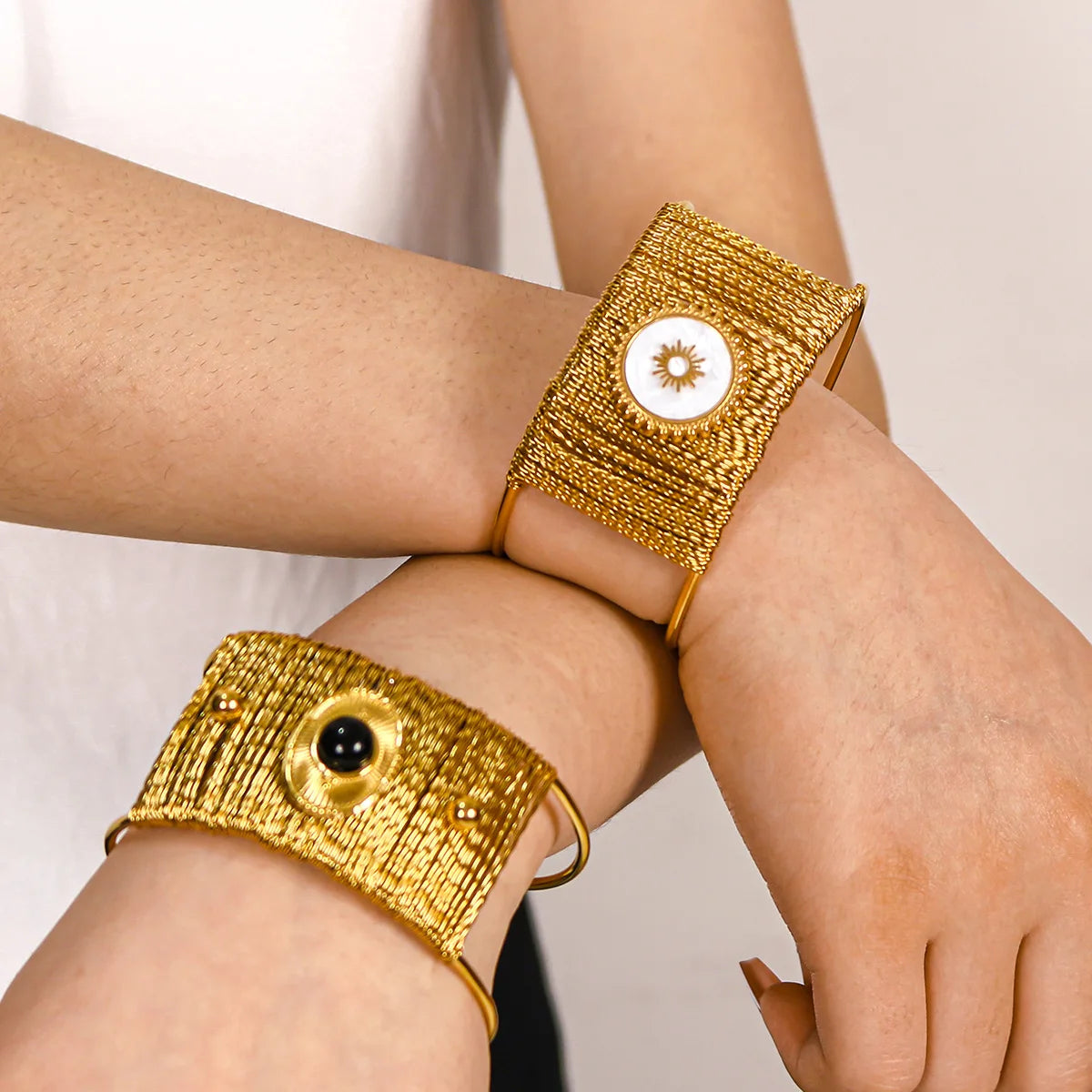 New Luxury Wide Bracelet Inlaid with Natural Stone Stainless Steel Bracelet for Women