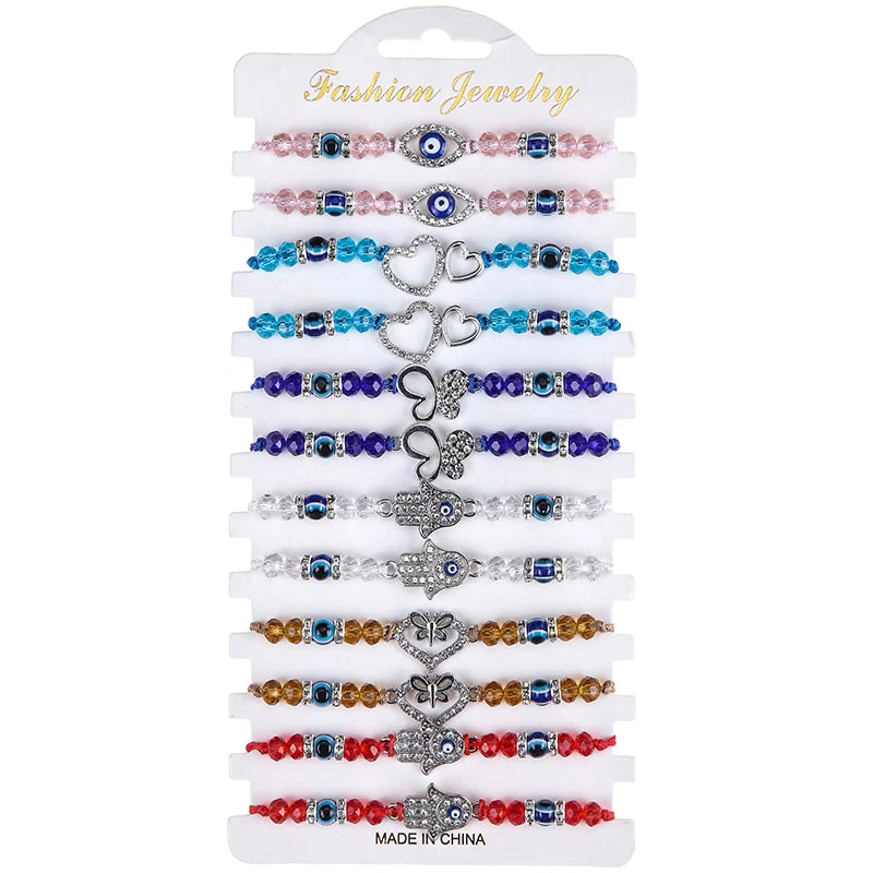 12 Pcs Bohemia Polymer Clay Bracelet Handmade Woven Rice Beads Charms Boho Jewelry Butterfly Evil Eye Bracelets for Women Kids