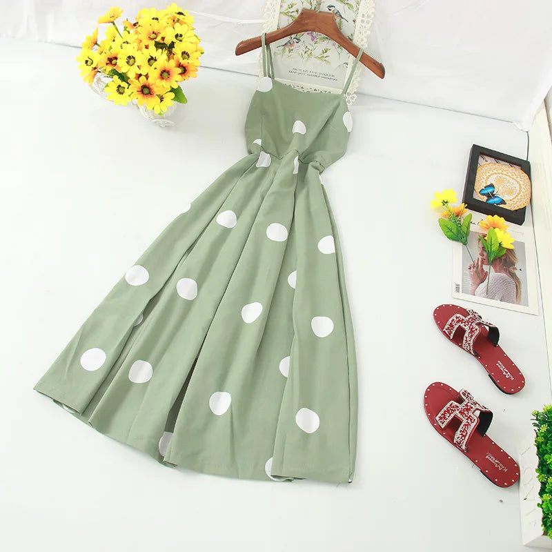 New Bohemian Dot Print Spaghetti Strap Dress Beach Holiday Women Summer Casual Long Dress New French A-line Dress Loose