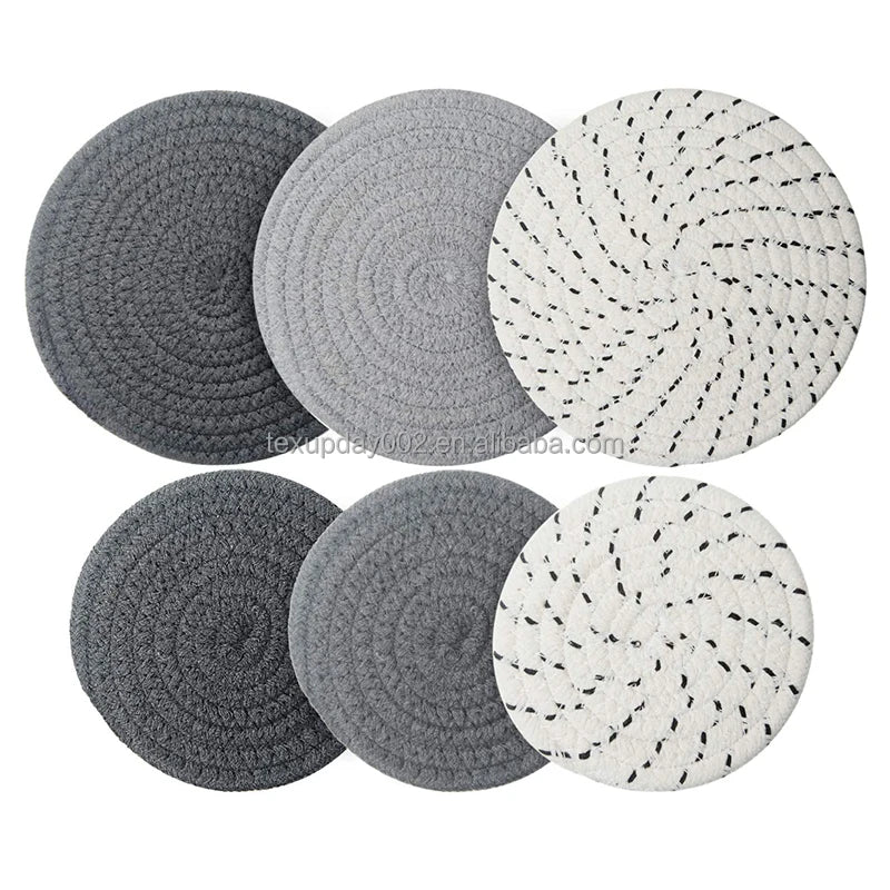 Dark Gray White Gray 7 Inch Cotton Thread Weave Cup Coaster Hot Pot Dish Trivet Pad Mat Placemat for Kitchen Cooking