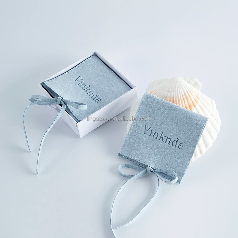 Light Blue Luxury 8x6cm Microfiber Travel Pouch Faux Suede Jewelry Container with Debossed Logo and Bow Envelope Packaging