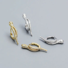 Trendy Full Zircon Huggie Fine Jewelry 925 Sterling Silver Snake Shape Hoop Earrings Women