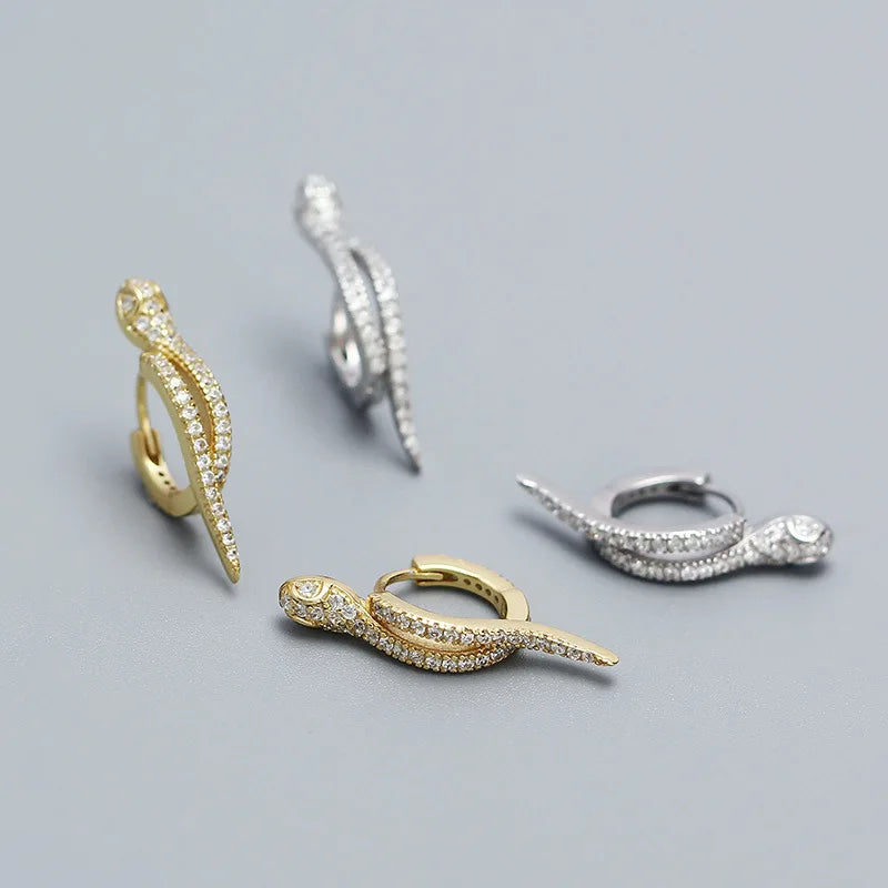 Trendy Full Zircon Huggie Fine Jewelry 925 Sterling Silver Snake Shape Hoop Earrings Women