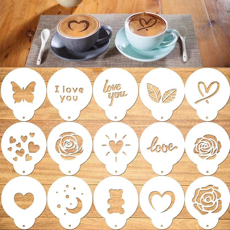 15pcs Eco-Friendly Food Grade PET Plastic Latte Coffee Stencils Milk Spray Templates Fancy Coffee Spray Flowers