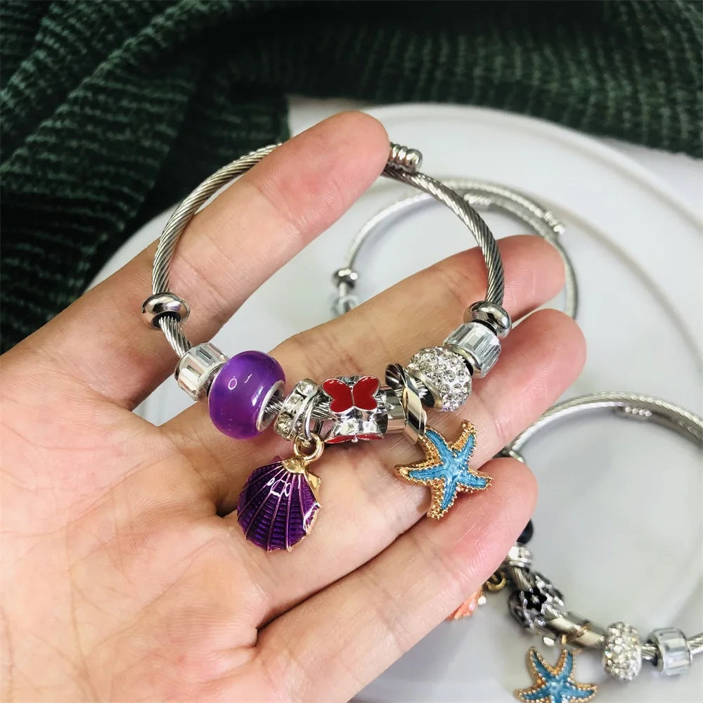 Newest 3 Colors Blue Purple Pink Starfish Shell Butterfly Stainless Steel Beads Girls Bracelet