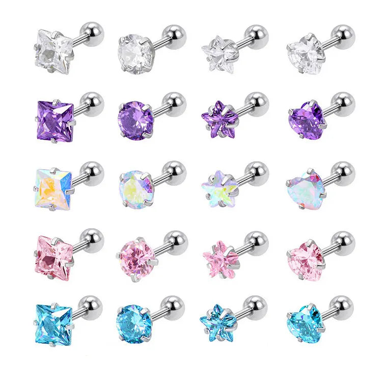 Hot Selling Stainless Steel Screw Earrings Ear Bone Piercing Studs Square Round Star Heart Shaped Zircon Stud Earrings Women