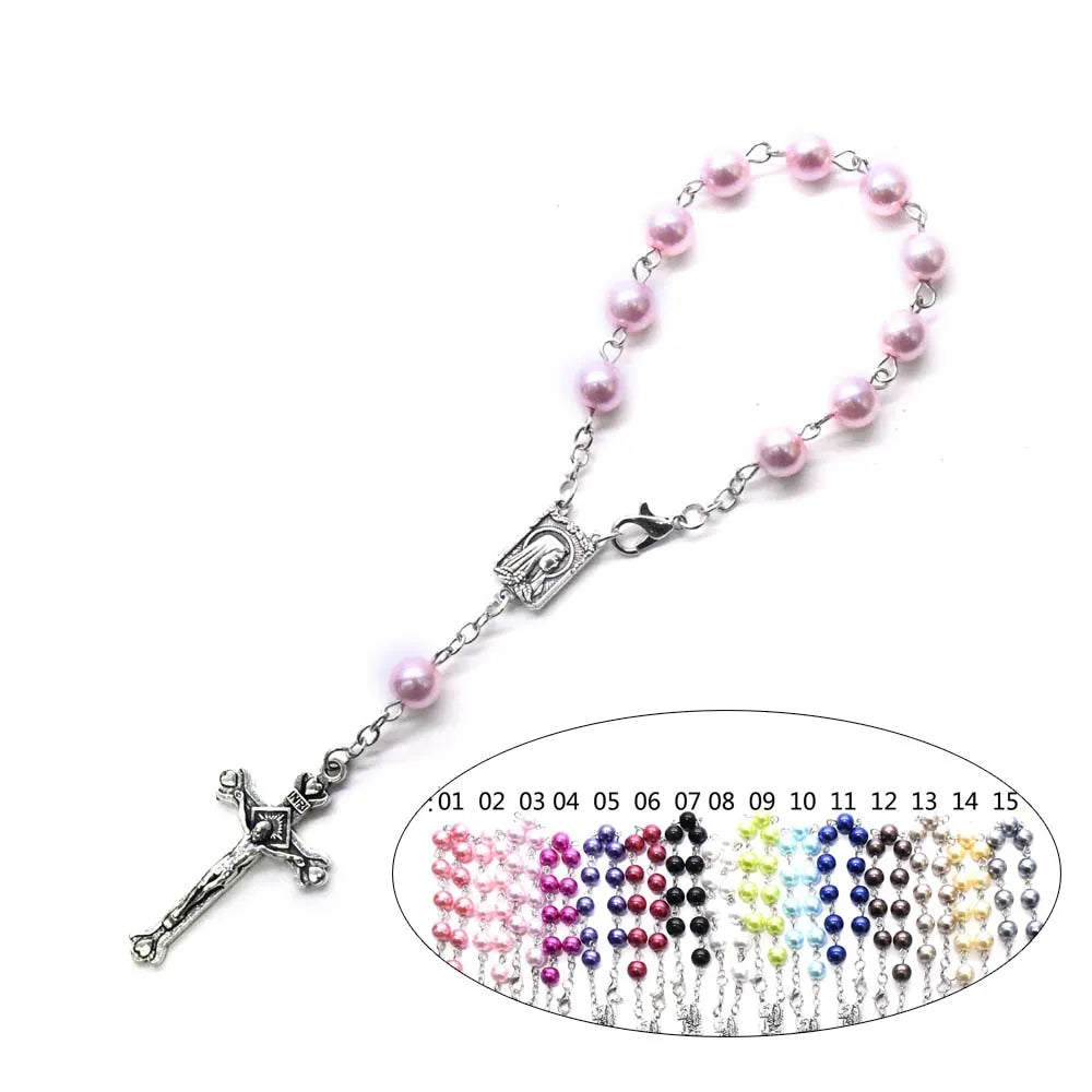 15 Colors Women Religious Jewelry Virgin Mary 11PC 8MM Beads Pink Pearl Bead Prayer Catholic Rosary Bracelet with Cross
