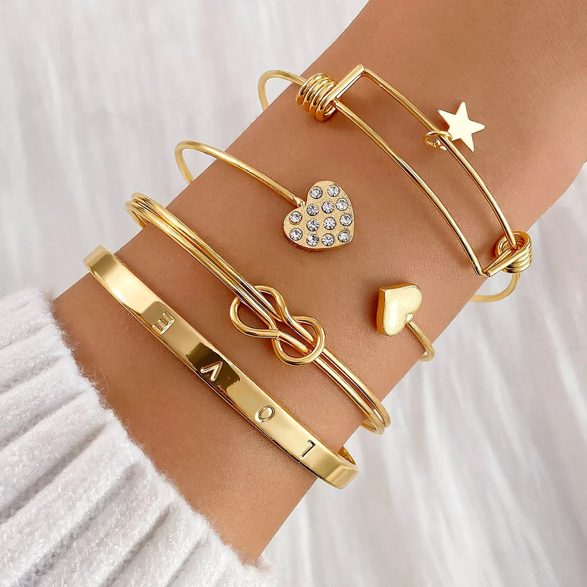 Custom Trendy Gold Plated Star Heart Bracelets Set Crystal Heart Lucky Bracelet Bangle for Women Fashion Jewelry Accessories