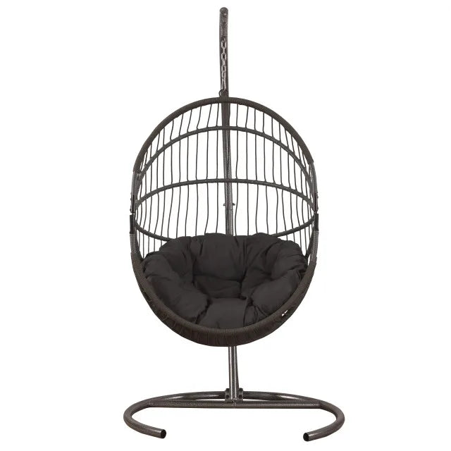 Egg Chair with Stand and Oxford Cover Patio Wicker Hanging Swing Chair with UV Resistant Cushion and Foldable Seat Basket