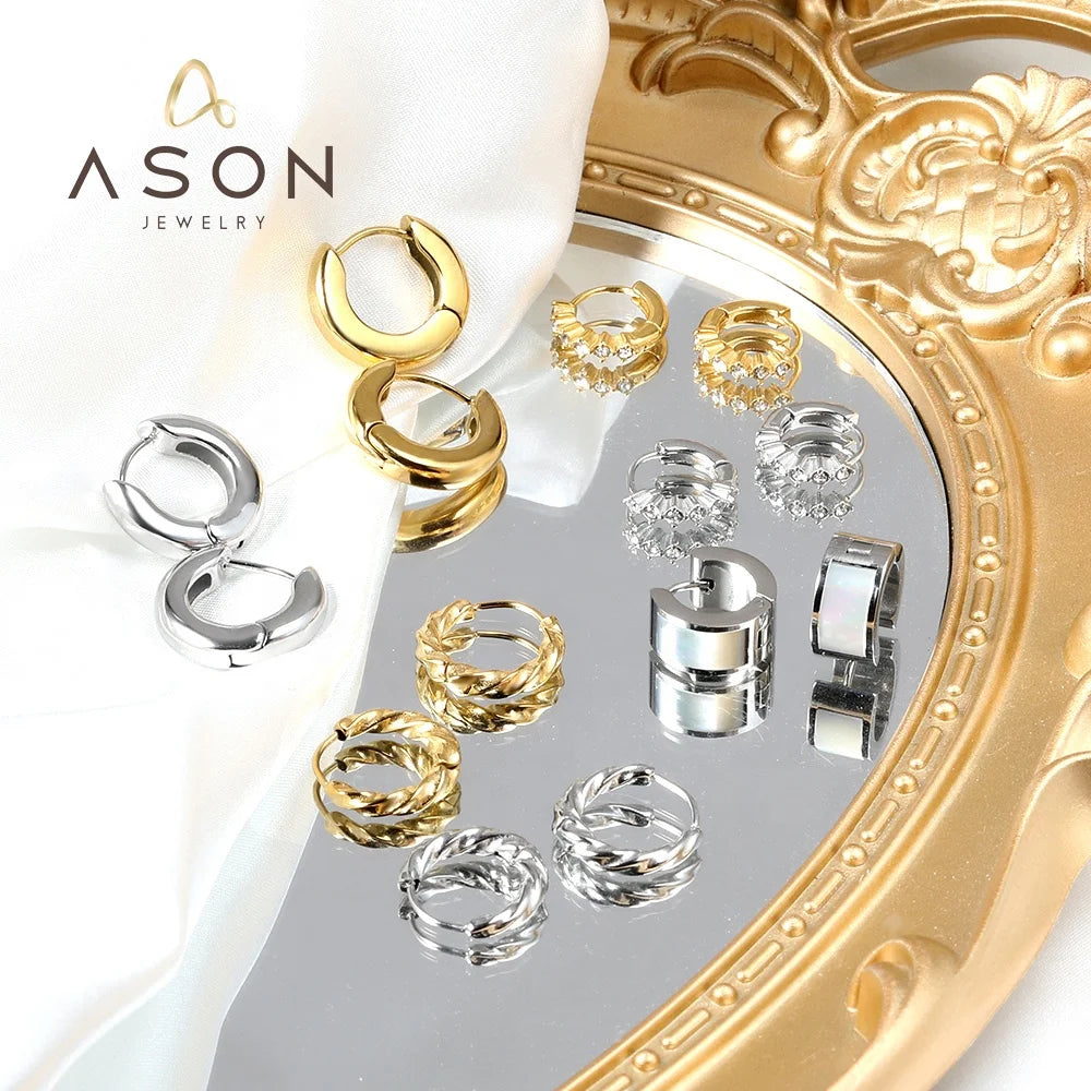Ason Design Fashion Zircon Minimalist Ring Earrings 18k Gold Plating Geometric Stainless Steel Hoop Earrings Jewelry for Women