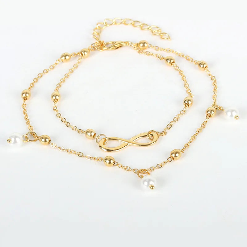 European and American Fashion Retro Artificial Pearl 8 - Character Ankle Bracelet Jewelry Hand-beaded Double Bracelet Human