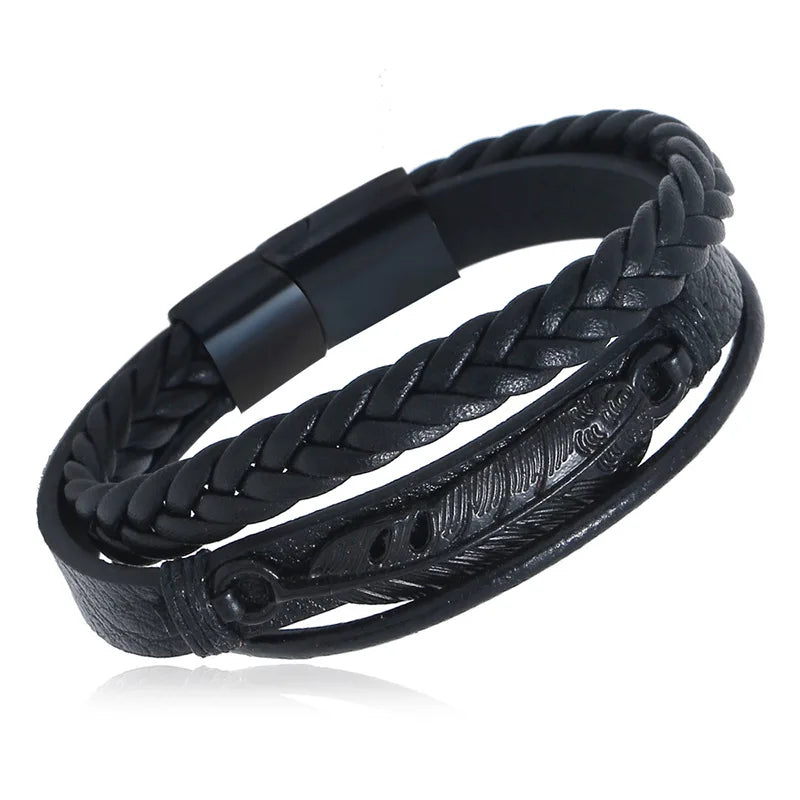 Wholesale Stainless Steel Clasp Leather Braid Charm Feather Bracelet Fashion Bracelets for Men and Women
