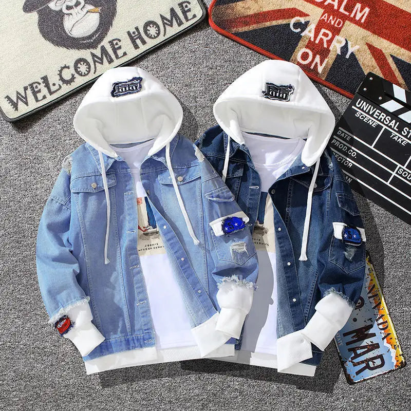 Men's Hip Hop Denim Coat Retro Jean Jacket Street Casual Bomber Outerwear Hooded Jacket