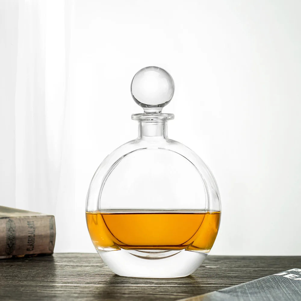 HUAHANGNA Lead Free 770ml Custom Logo Printed Flat Glass Liquor Bottle Whiskey Decanter for Bar Home Hotel