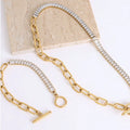 18k Gold Plated Stainless Steel Rectangle CZ Zircon Pave Tennis Slide Chain Toggle Clasp Necklace and Bracelet Jewelry Set