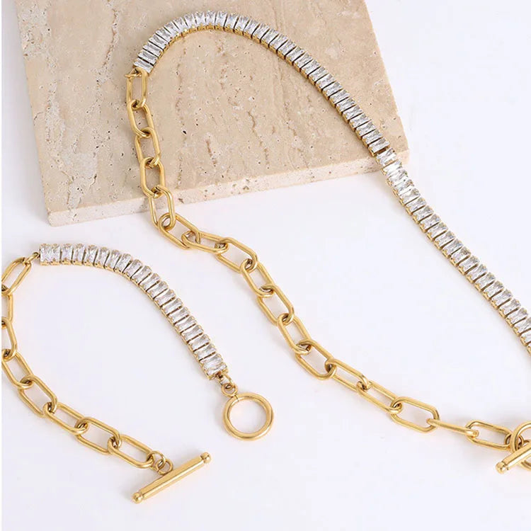 18k Gold Plated Stainless Steel Rectangle CZ Zircon Pave Tennis Slide Chain Toggle Clasp Necklace and Bracelet Jewelry Set